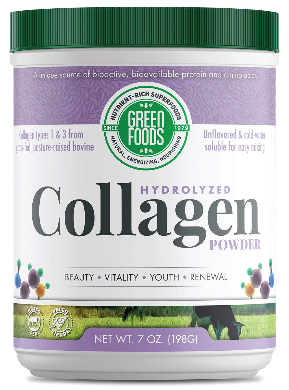 Green Foods Collagen Peptides tub front view, convenient daily protein boost.