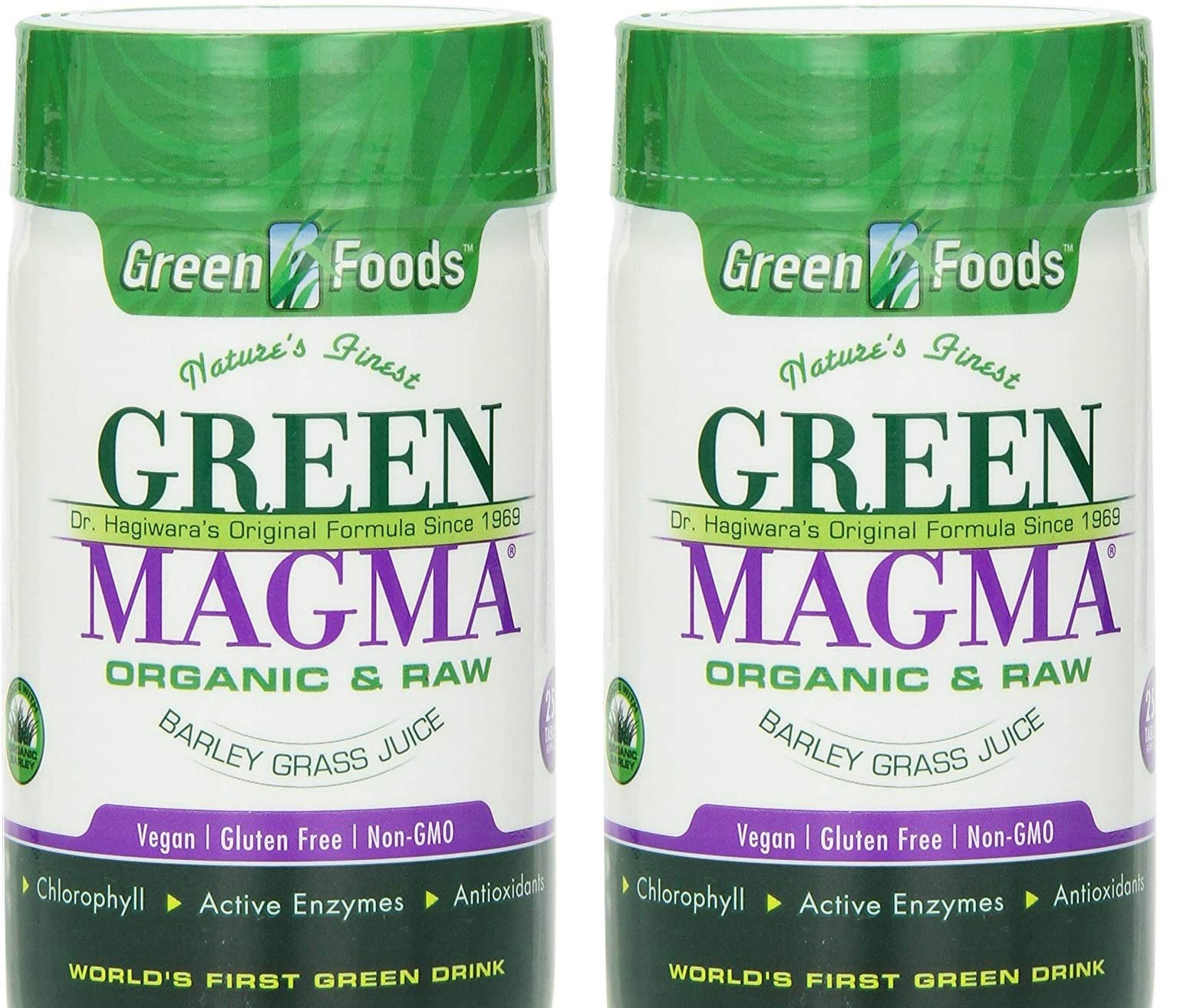 Green Foods Green Magma bottle front view showing premium barley grass formula for vitality