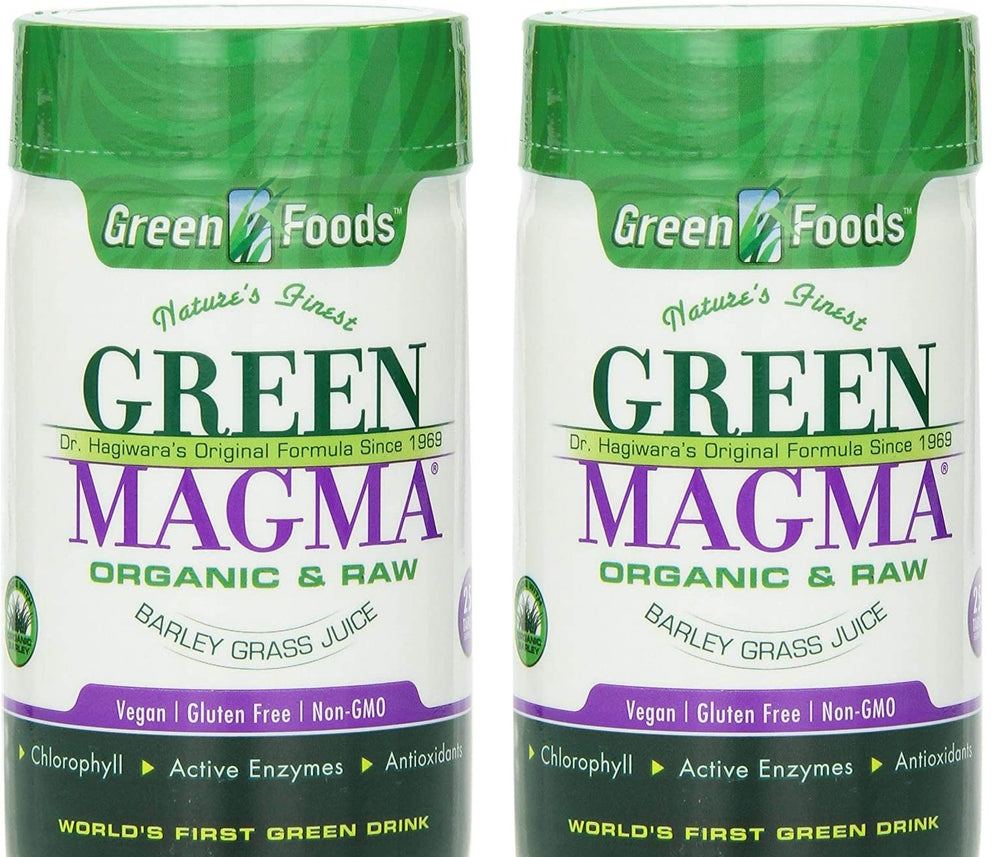 Green Foods Green Magma bottle front view showing premium barley grass formula for vitality