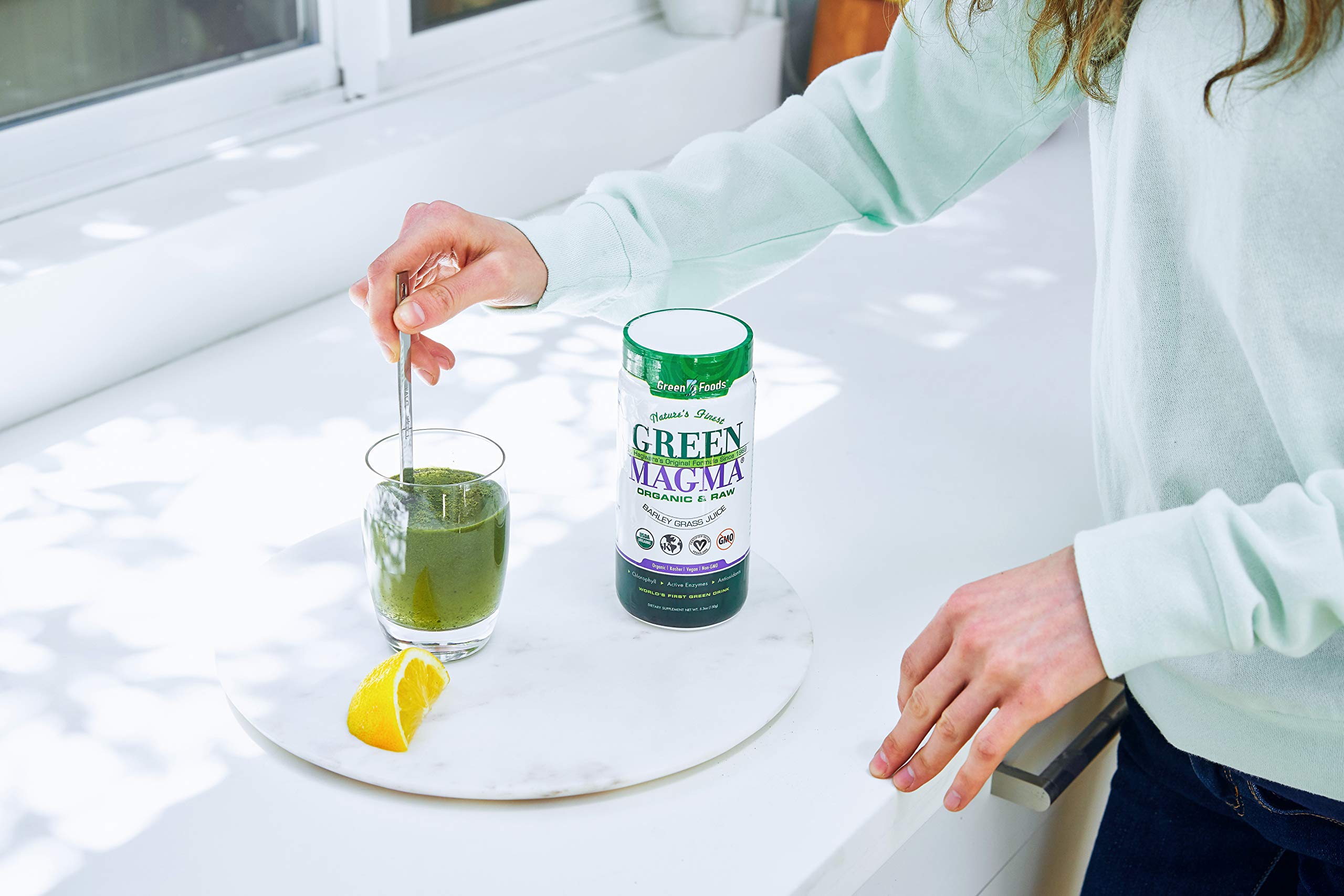 Green Foods Green Magma nutrition facts label highlighting vitamins and minerals from barley grass juice