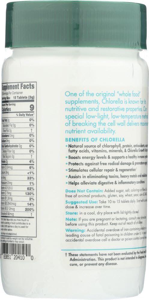 Green Foods Organic Chlorella nutrition label; includes vitamin A, vitamin C, and iron.
