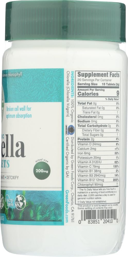 Eco-friendly packaging of Green Foods Organic Chlorella; convenient daily supplement on the go.