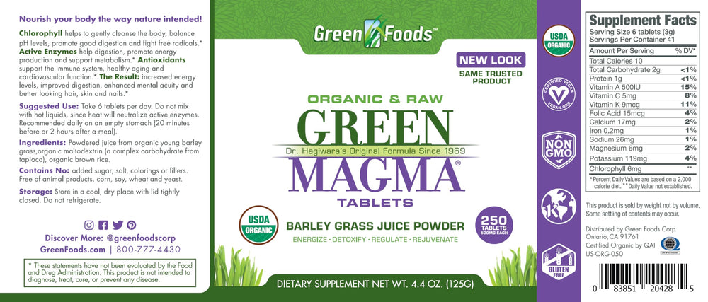 Green Foods Green Magma organic seal communicates purity and GMO-free ingredients.