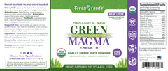 Green Foods Green Magma organic seal communicates purity and GMO-free ingredients.