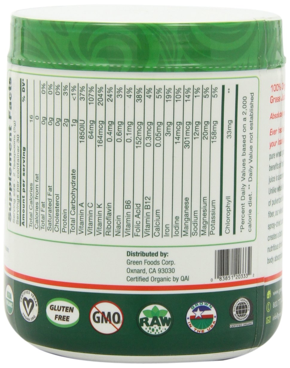 Green Foods Wheat Grass Shot label communicates organic, vegan, non-GMO trust.