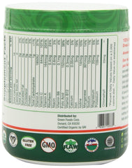 Green Foods Wheat Grass Shot label communicates organic, vegan, non-GMO trust.