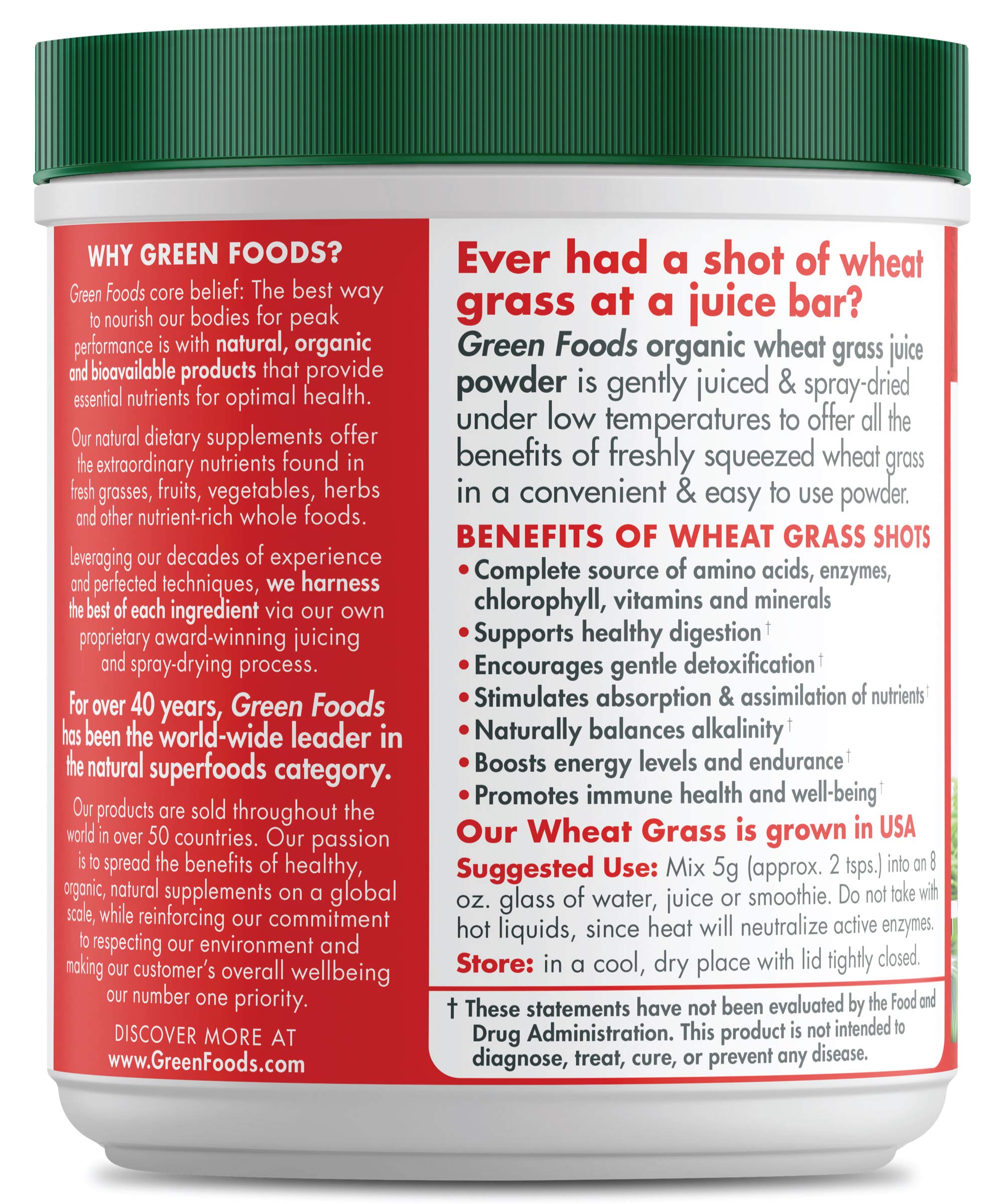 Green Foods Wheat Grass Shot powder pouch showcases high chlorophyll content.