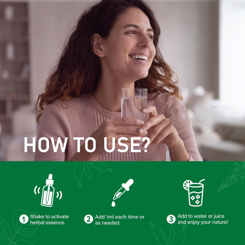 Green Herb Vibe Kudzu Root Drops beside a glass of water for convenient daily use.