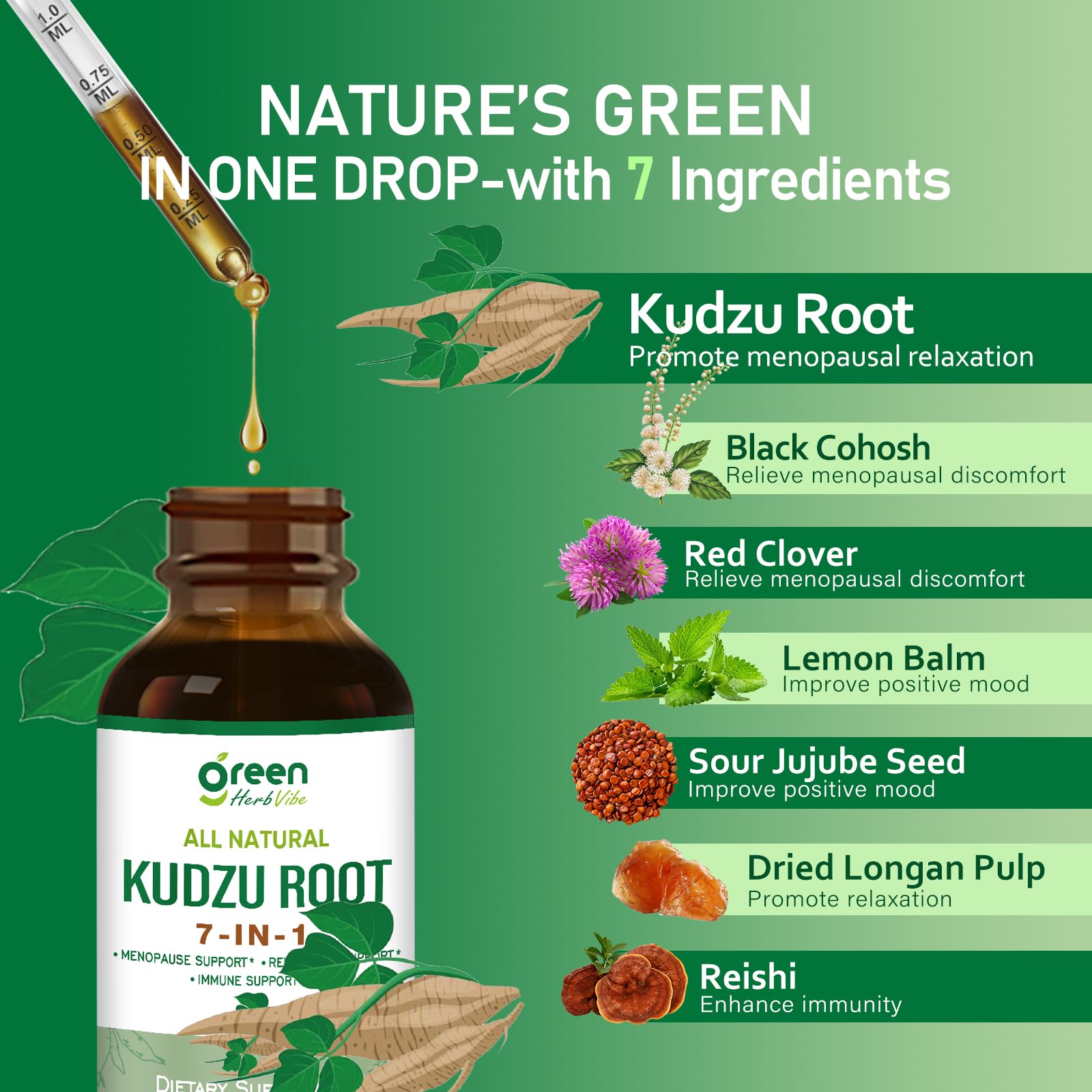 Green Herb Vibe Kudzu Root Drops label highlighting Black Cohosh and Red Clover for balance.