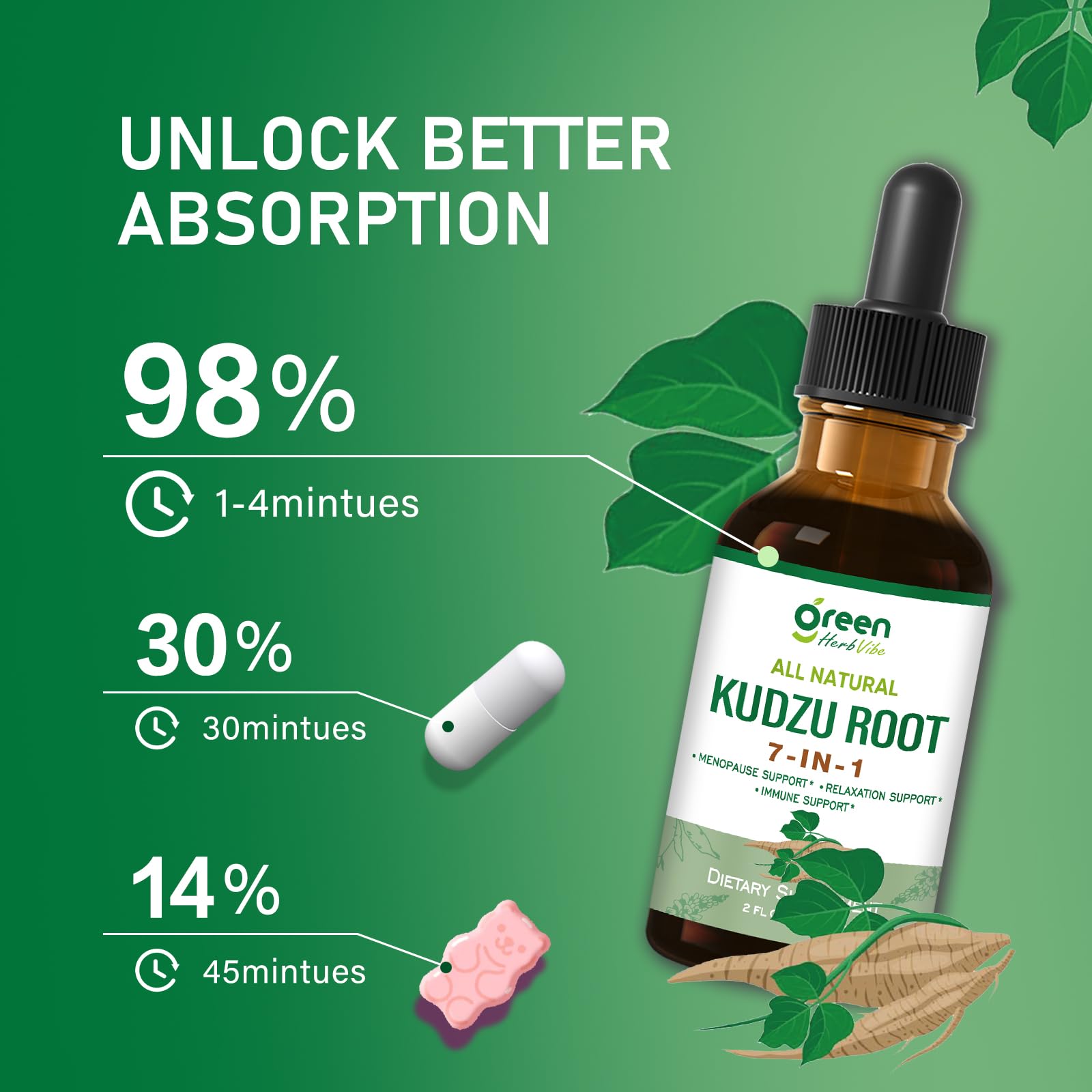 Green Herb Vibe Kudzu Root Drops on nightstand inviting relaxation and mood support.
