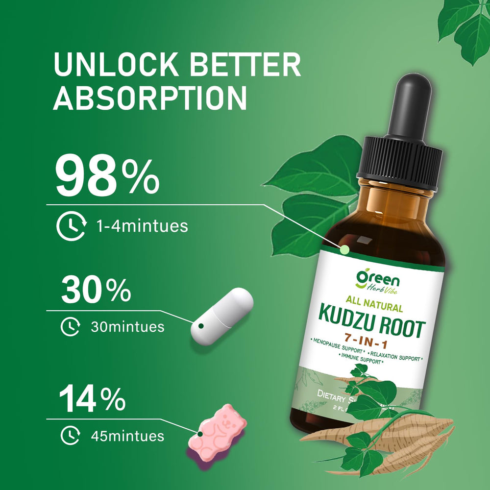 Green Herb Vibe Kudzu Root Drops on nightstand inviting relaxation and mood support.