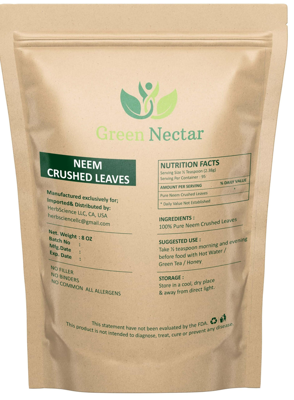GREEN NECTAR Neem leaves in packaging, highlighting natural purity for tea.