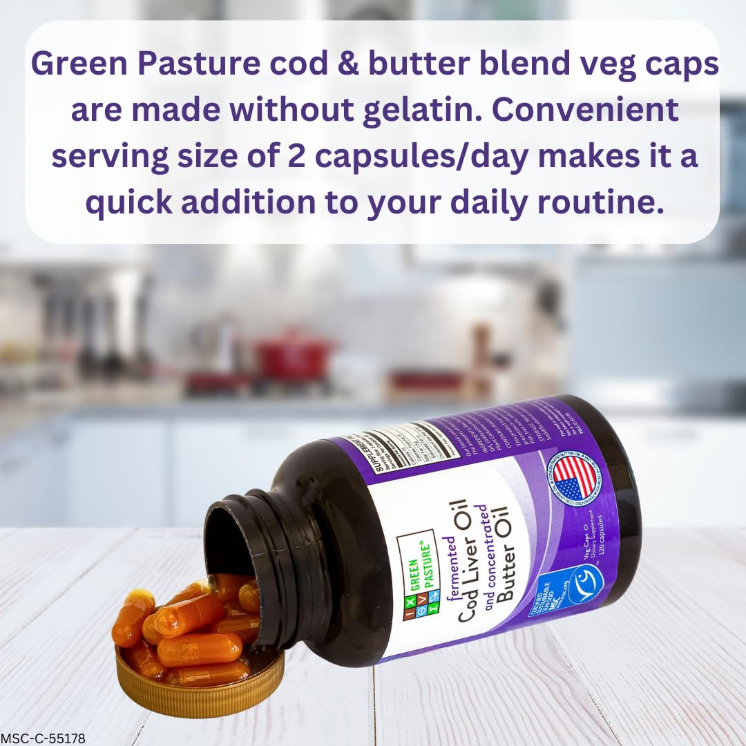 Green Pasture capsule packaging shows MSC-certified cod liver oil butter blend.