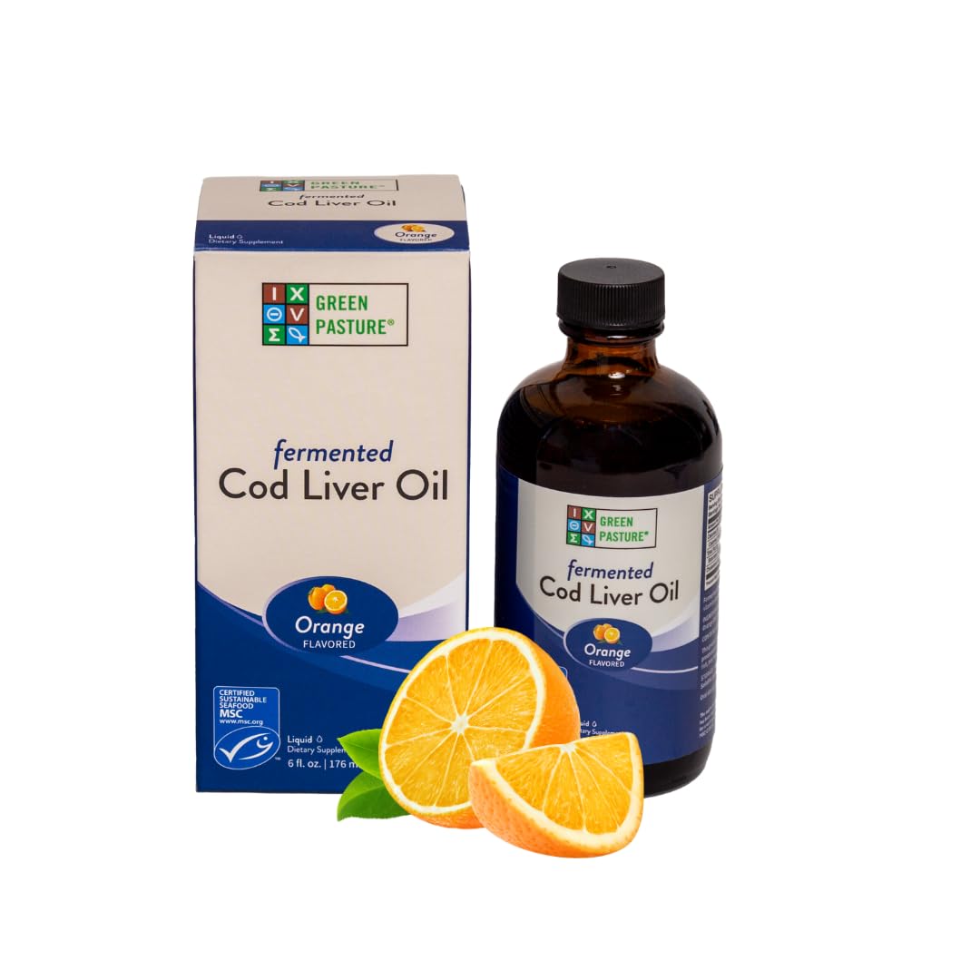 Green Pasture fermented cod liver oil liquid bottle, omega-rich daily supplement for the whole family.
