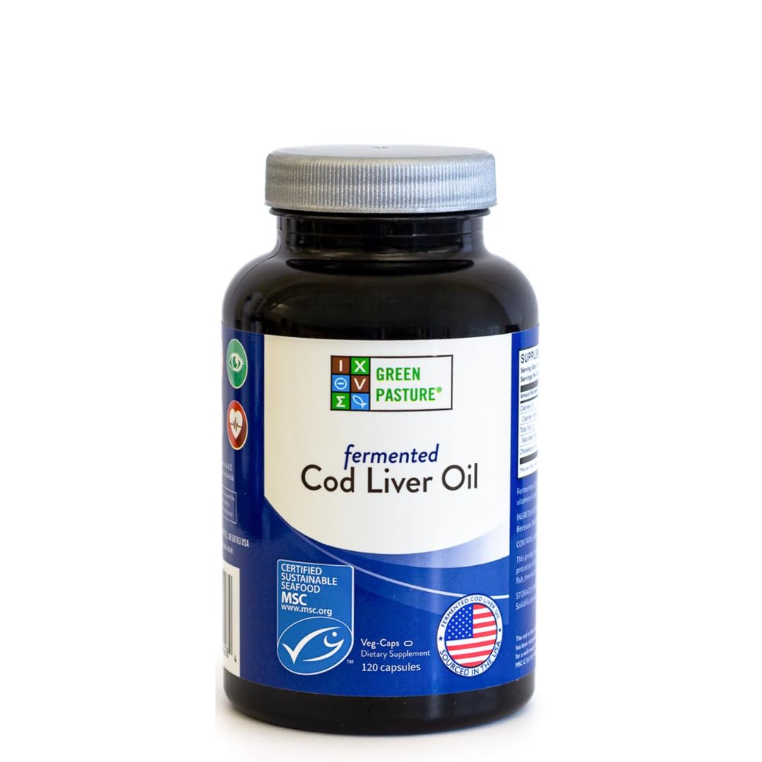 Green Pasture fermented cod liver oil bottle showing product packaging