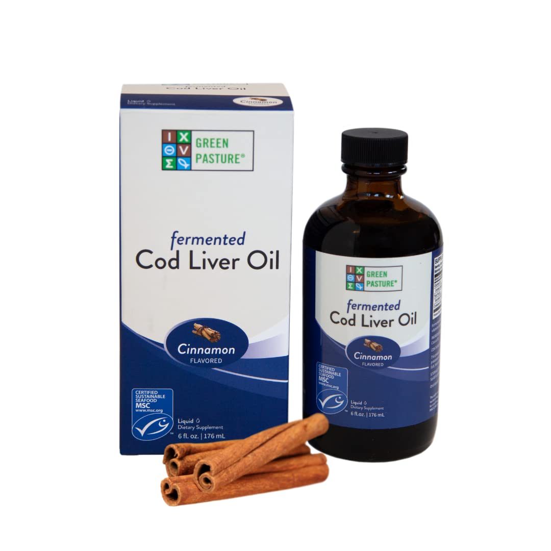 Green Pasture Fermented Cod Liver Oil Cinnamon bottle on kitchen counter.