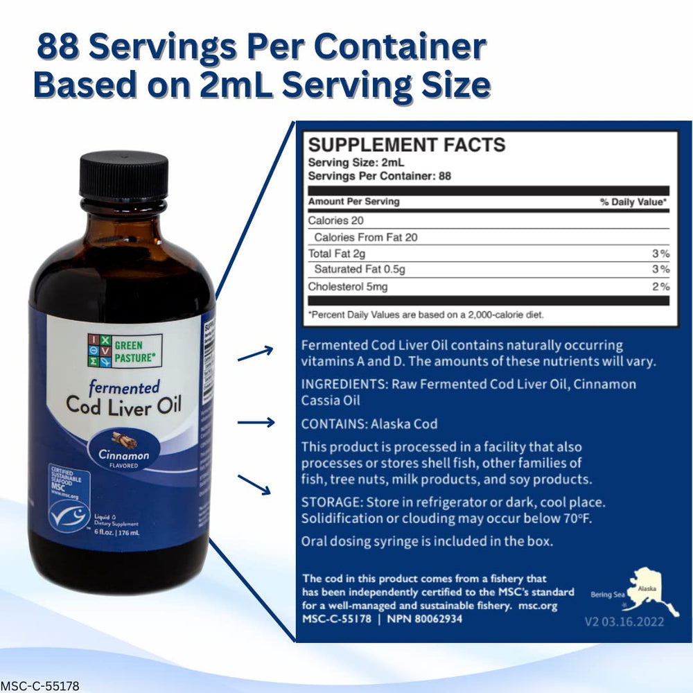 Close-up of Green Pasture Cod Liver Oil Cinnamon bottle for daily omega intake.