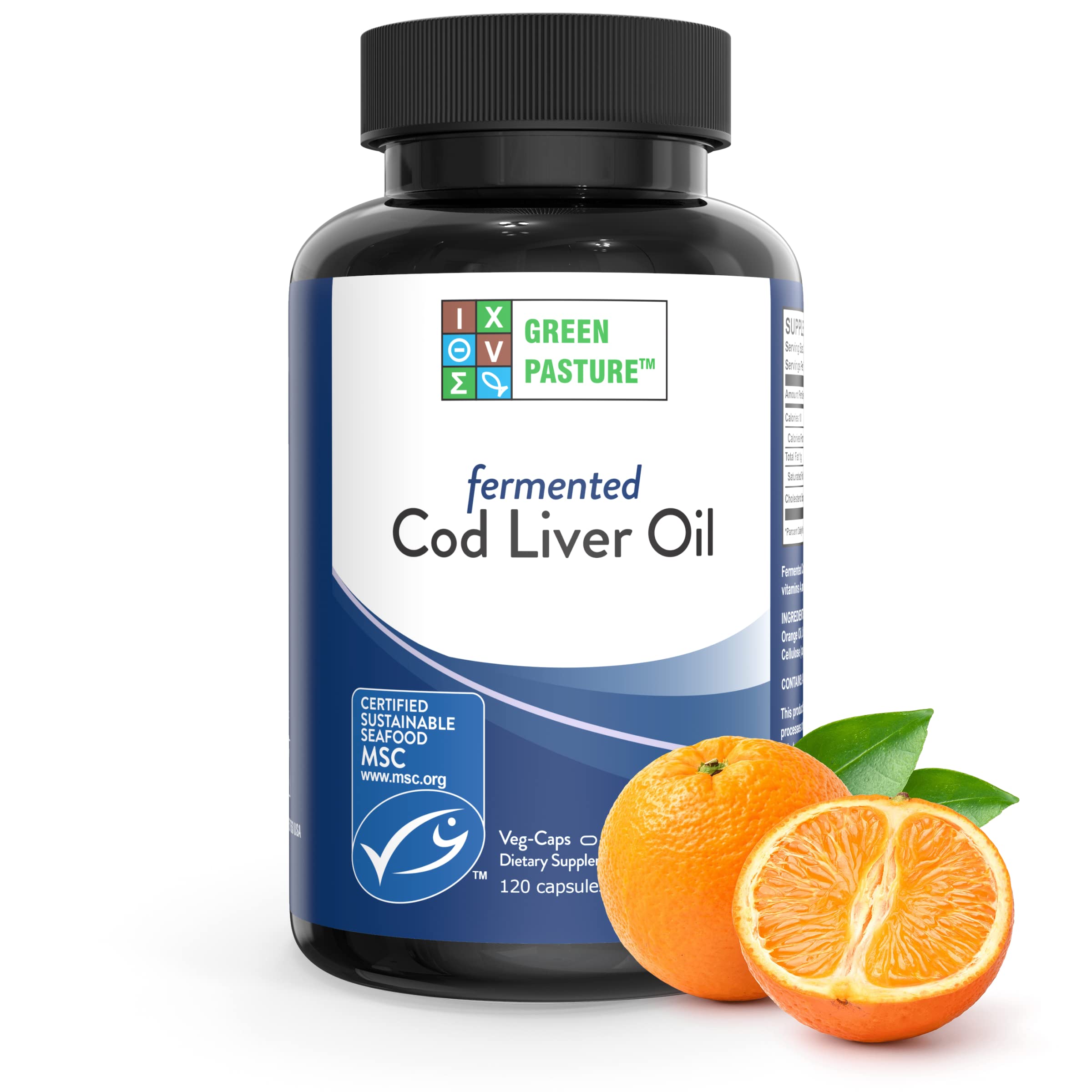 Green Pasture fermented cod liver oil orange bottle shown for daily supplement use