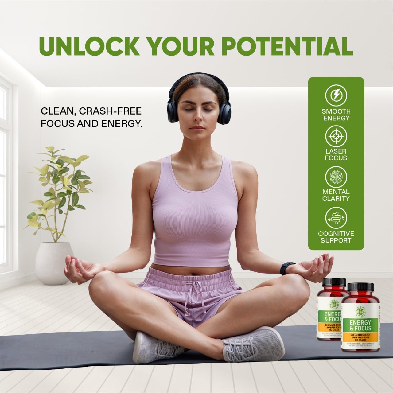 Green Regimen capsules closeup with caffeine-theanine-tyrosine for clarity