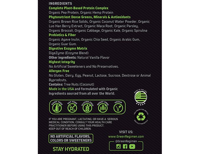 Unopened Green Regimen Elite vanilla tub front displaying organic and gluten-free attributes