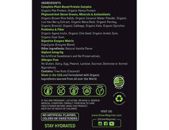 Unopened Green Regimen Elite vanilla tub front displaying organic and gluten-free attributes