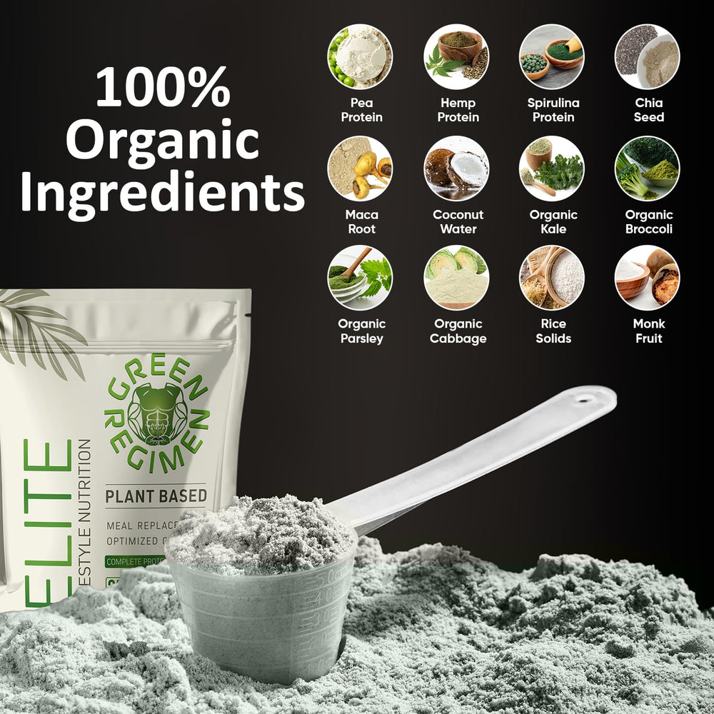 Pouring Green Regimen Elite vanilla shake showing creamy dairy-free meal replacement option