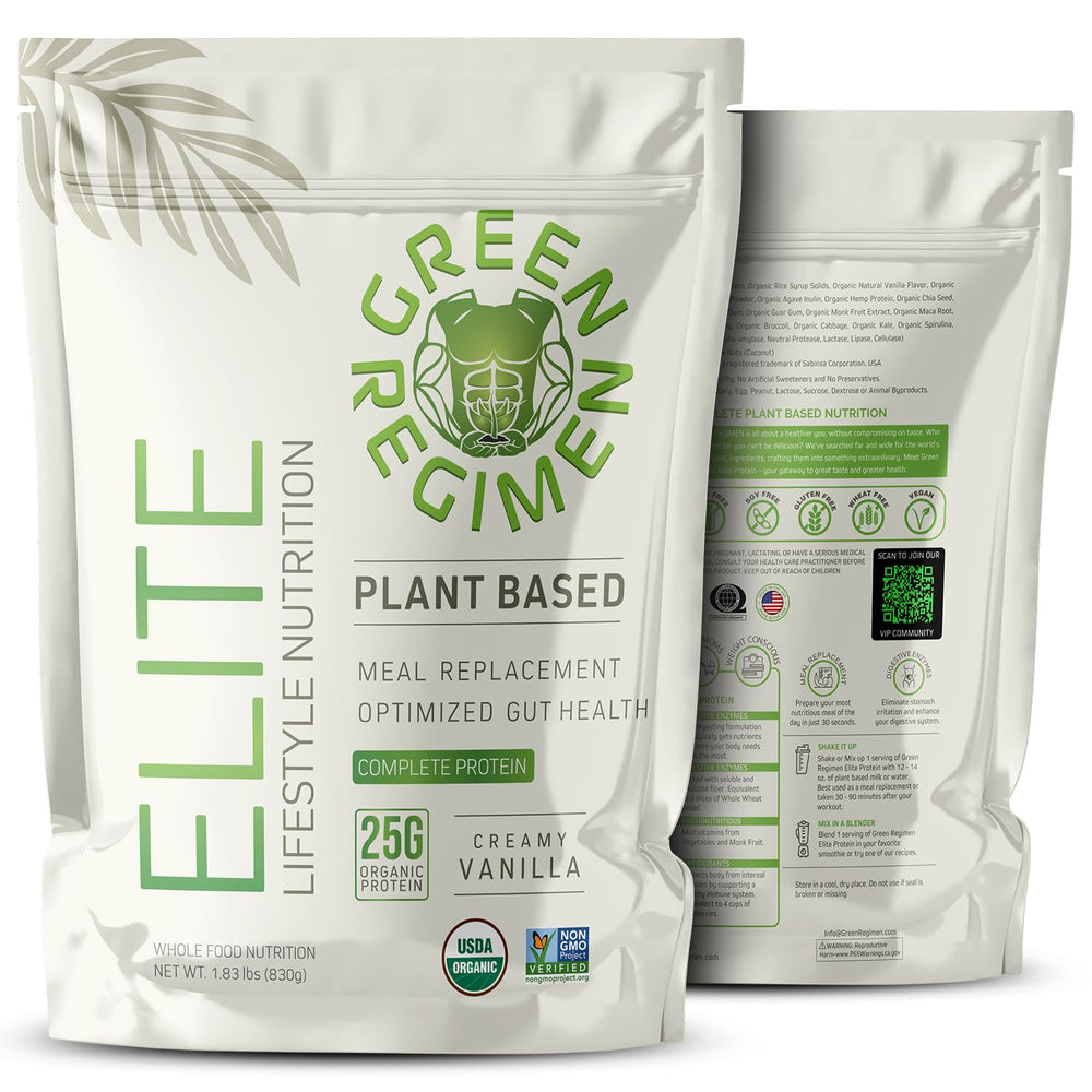Green Regimen Elite vanilla protein powder in a bag highlighting complete plant protein for active days