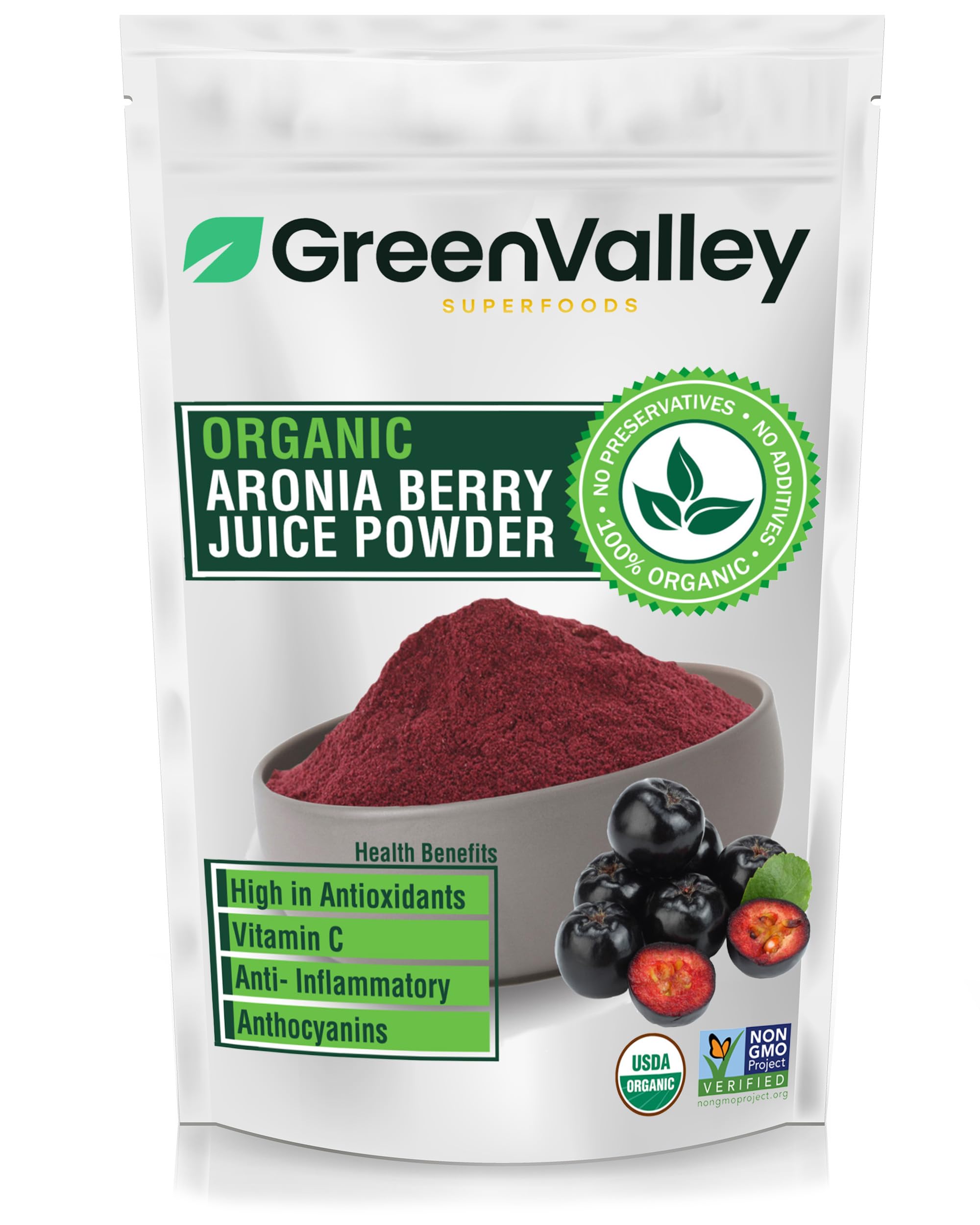 Green Valley Superfoods aronia berry juice powder bottle showing rich color and antioxidant potential.