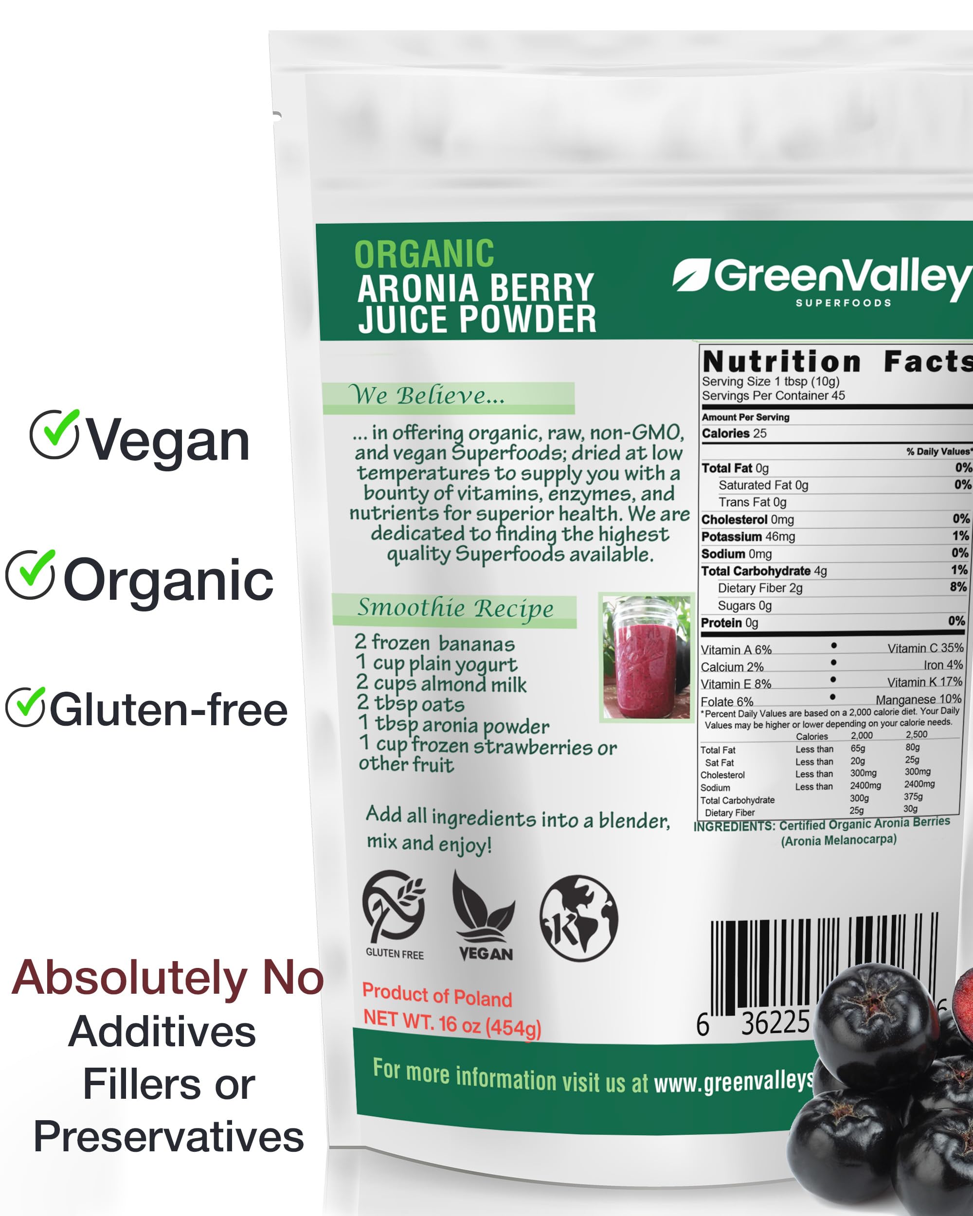 Green Valley Superfoods aronia berry powder scoop highlighting freeze-dried berries for flavor and color.