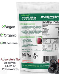 Green Valley Superfoods aronia berry powder scoop highlighting freeze-dried berries for flavor and color.