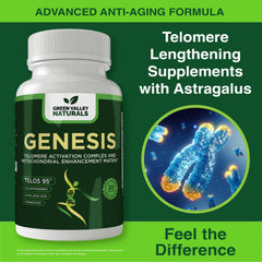 Close-up of Genesis Telos95 label highlighting telomere support benefits