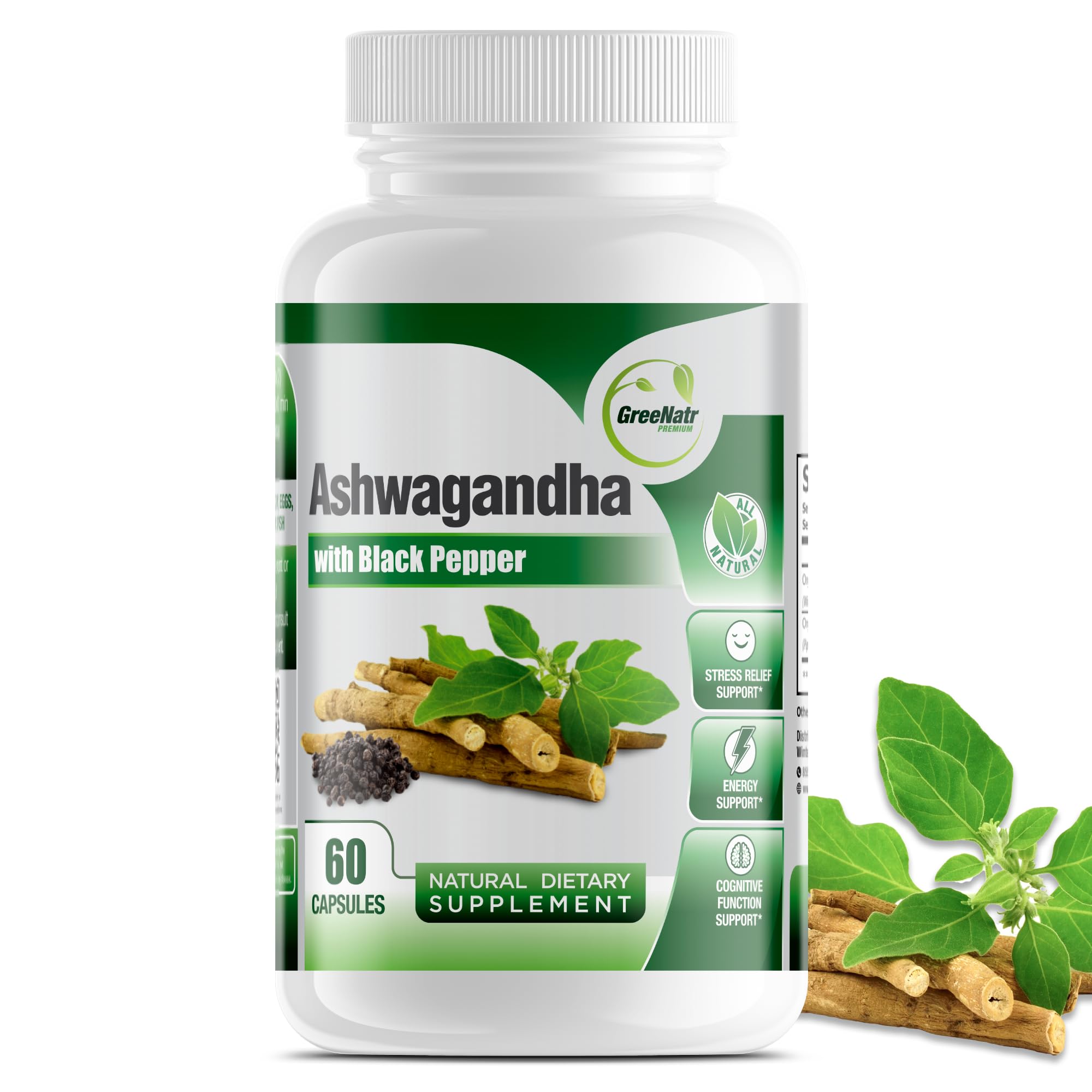 GreeNatr Ashwagandha bottle front promoting calm energy