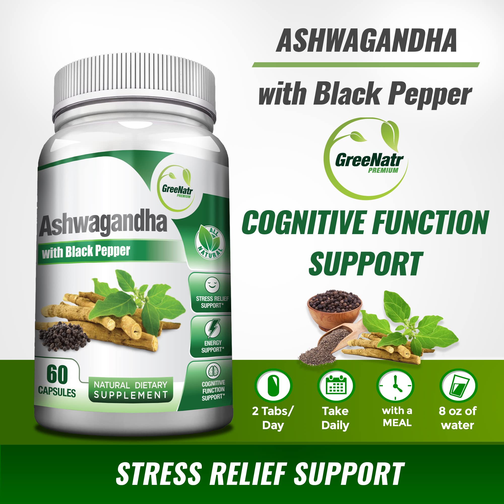 GreeNatr Ashwagandha capsules close-up for daily focus