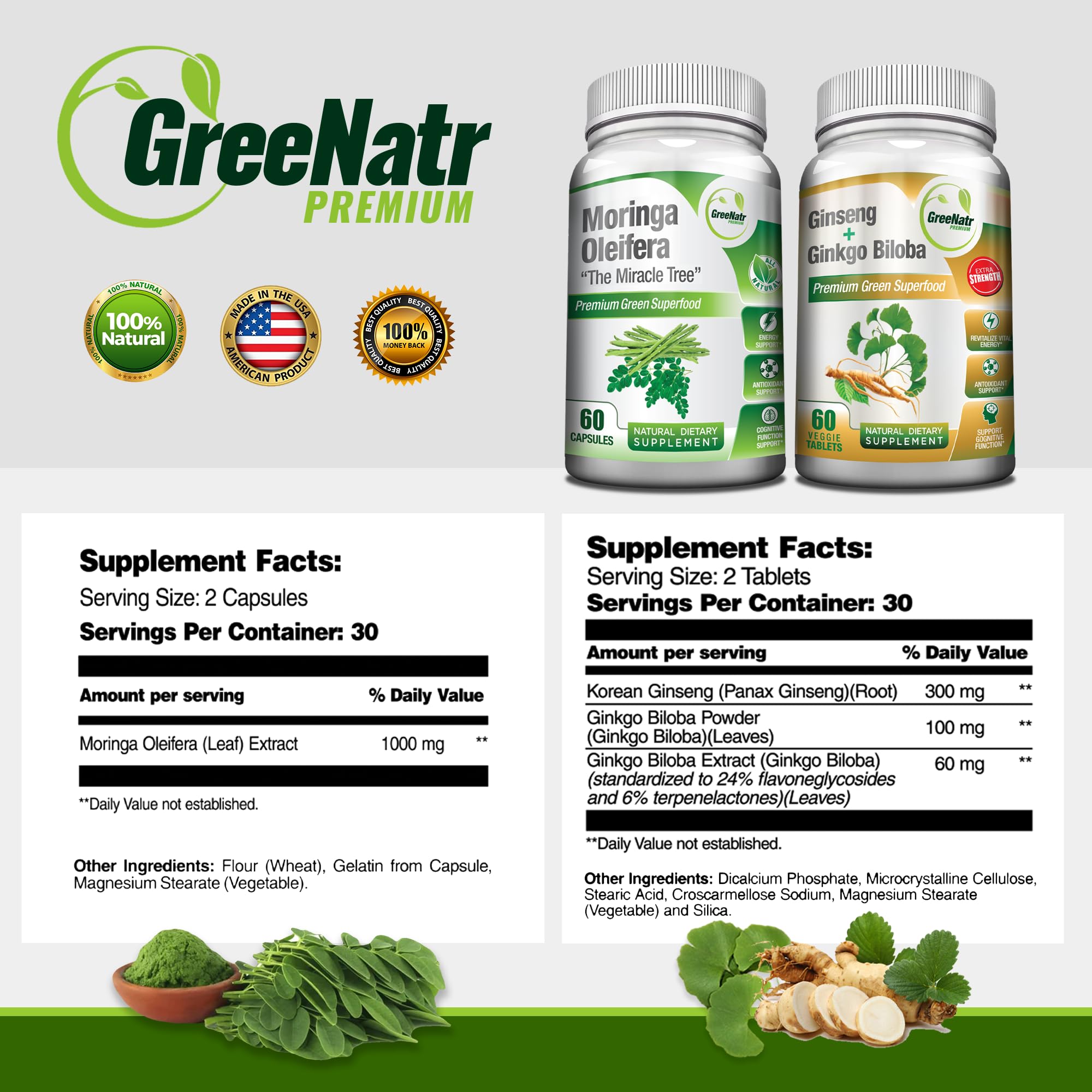 GreeNatr Moringa capsules bottle with antioxidant-rich profile