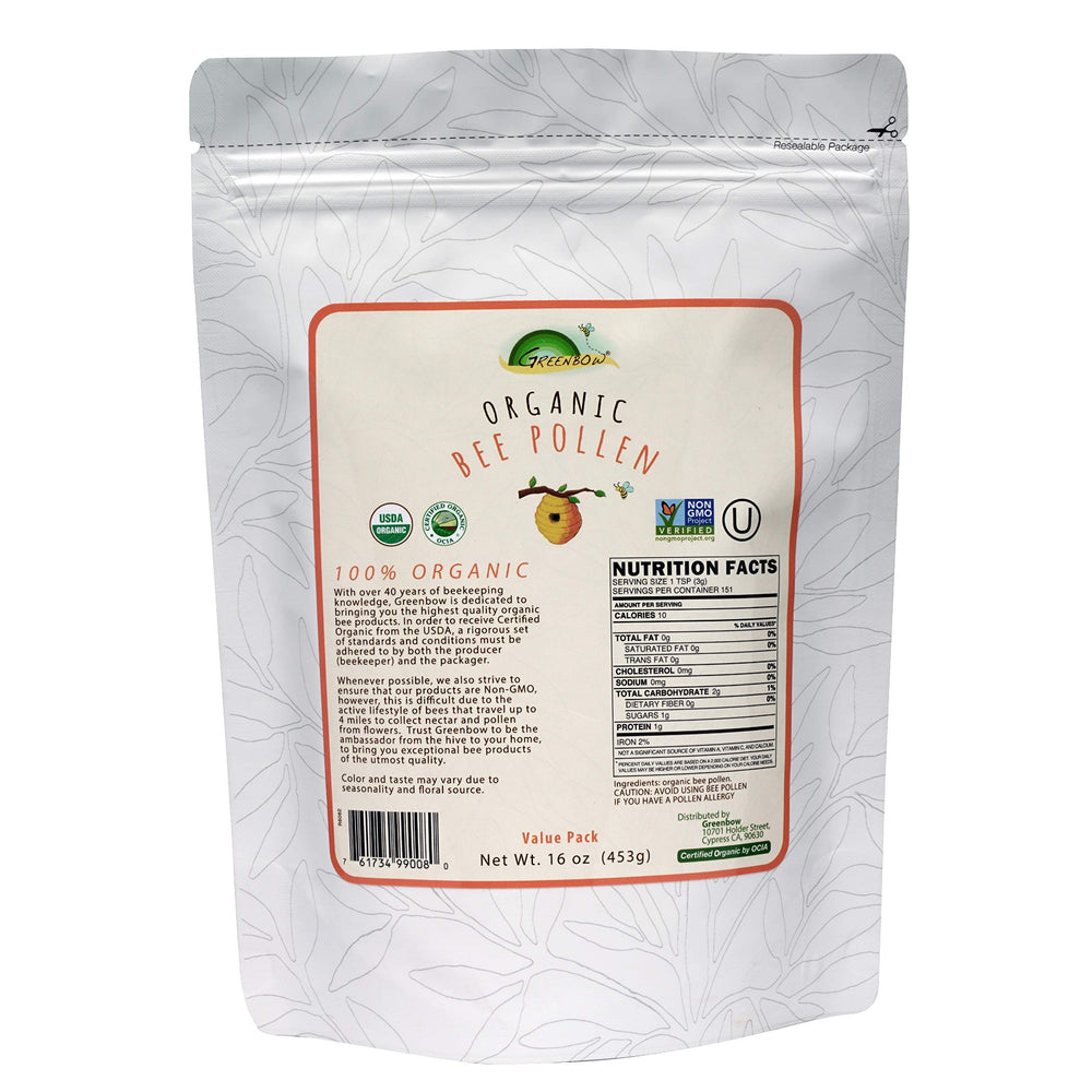 Greenbow Organic Bee Pollen jar front highlights USDA purity certification.