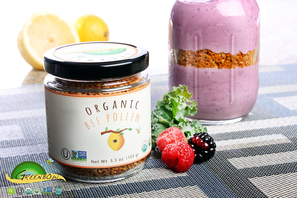 Greenbow Organic Bee Pollen natural color closeup emphasizes pure, additive-free nutrition.