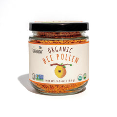 Greenbow Organic Bee Pollen packaging closeup shows pure ingredients for daily nutrition.