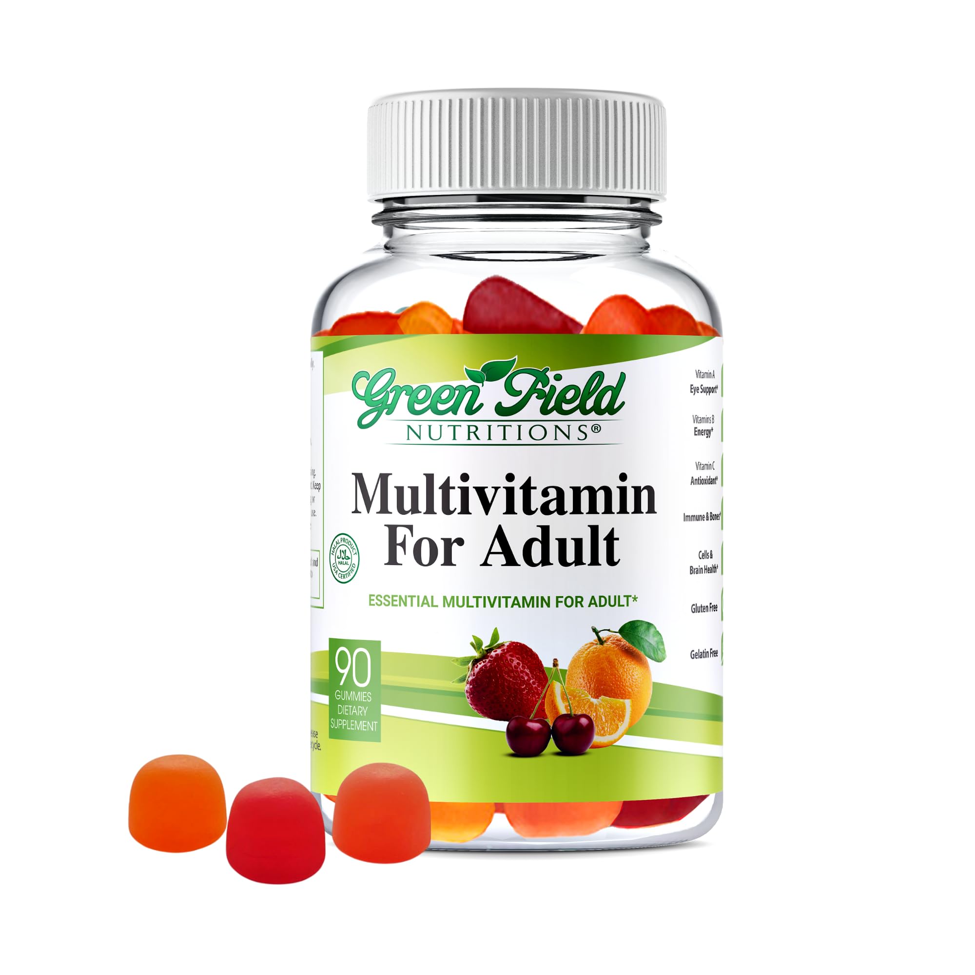 Greenfield Nutritions bottle-front showing gelatin-free halal gummies for daily energy