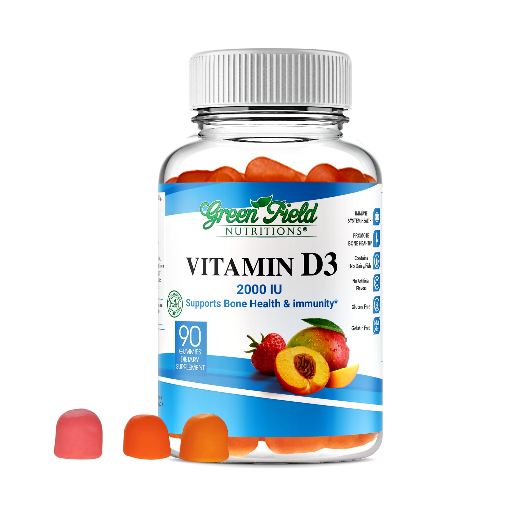 Greenfield Nutritions Halal Vitamin D3 Gummies bottle front for daily bone support.