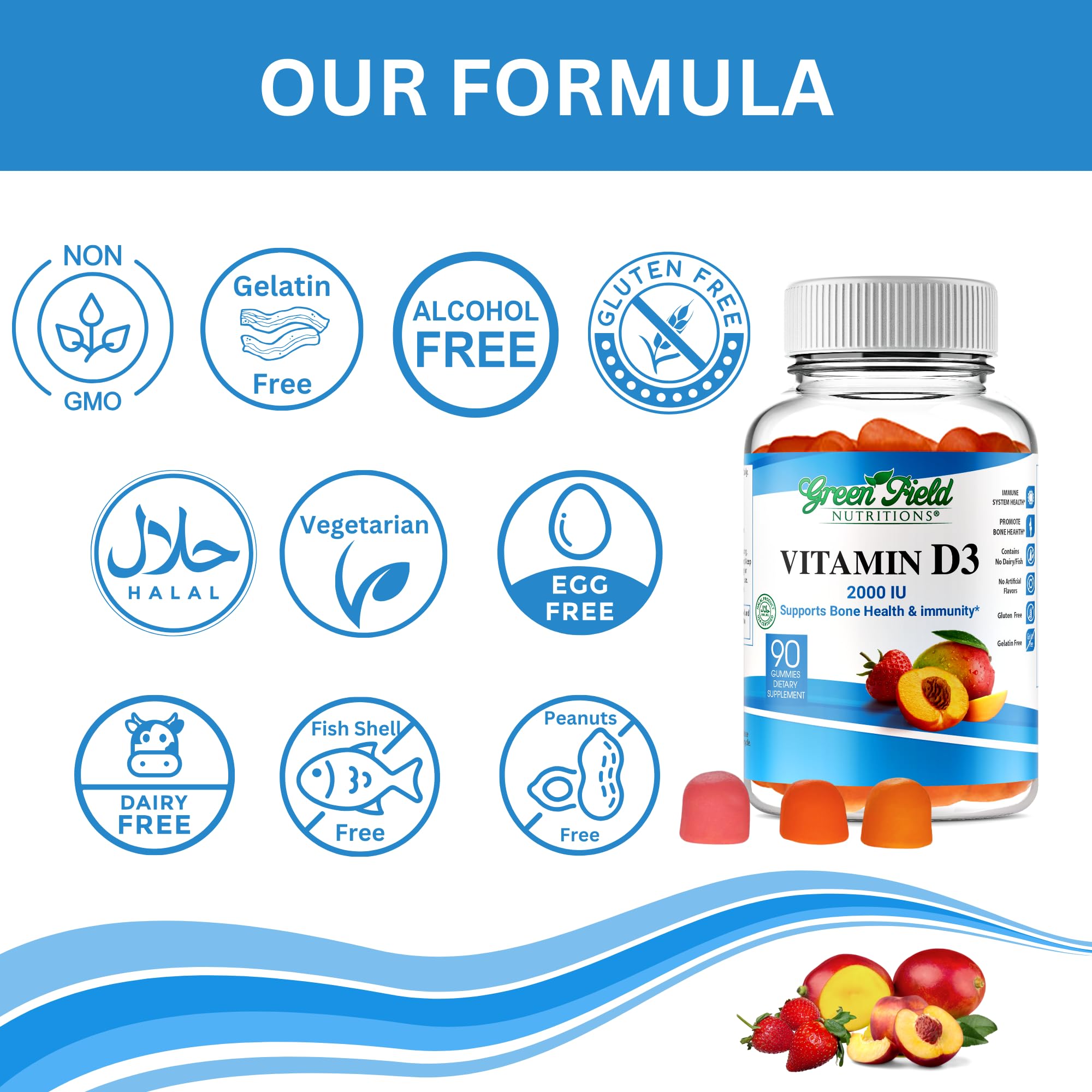 Pouring Greenfield Nutritions Vitamin D3 Gummies with mango and peach flavor.