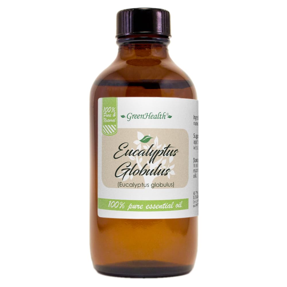 GreenHealth eucalyptus oil bottle 4oz highlighting purity and convenience.