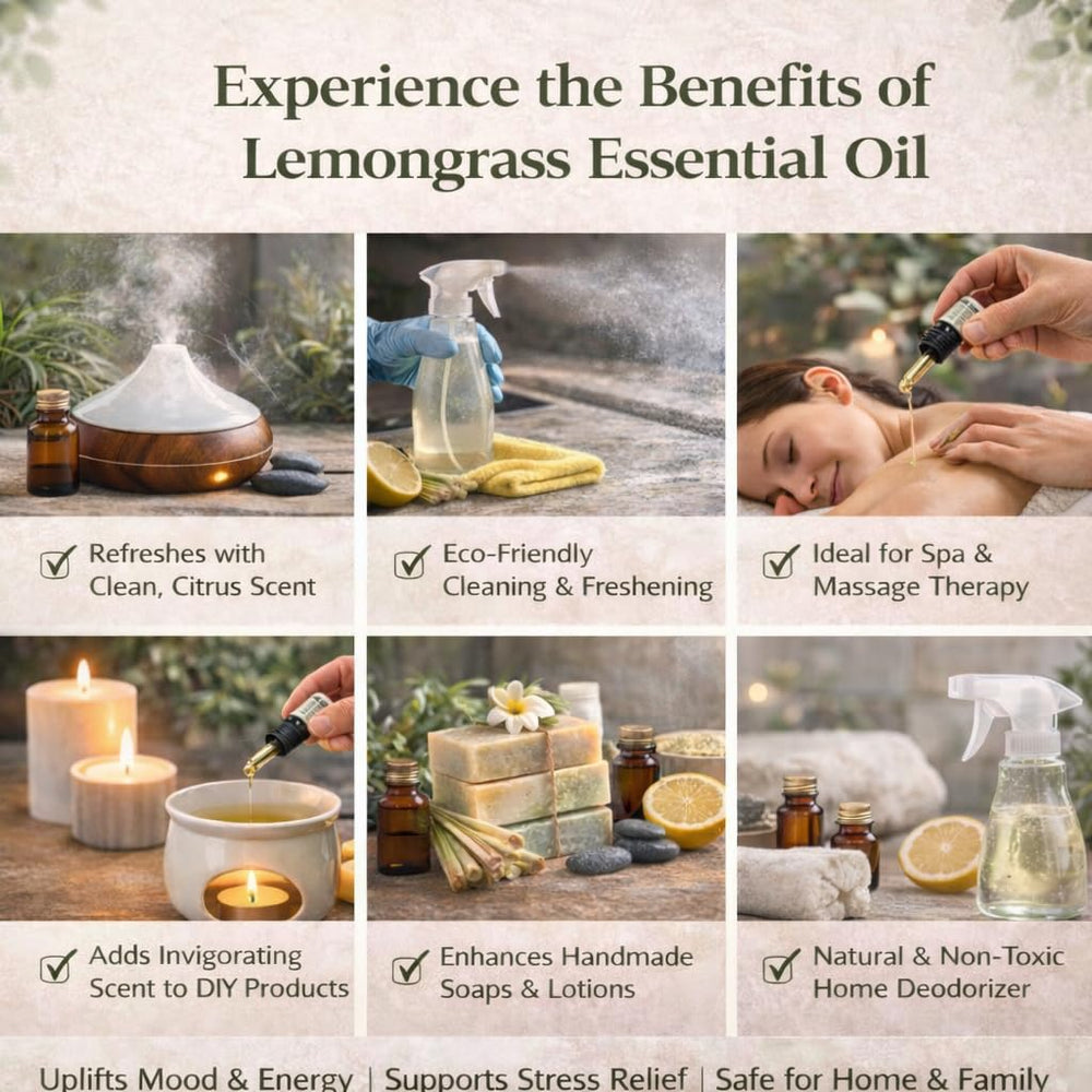 GreenHealth Lemongrass essential oil packaging with plug cap ensures secure storage.