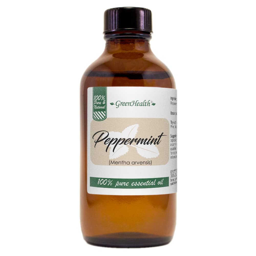 GreenHealth Peppermint Essential Oil bottle in amber glass preserves aroma and potency.