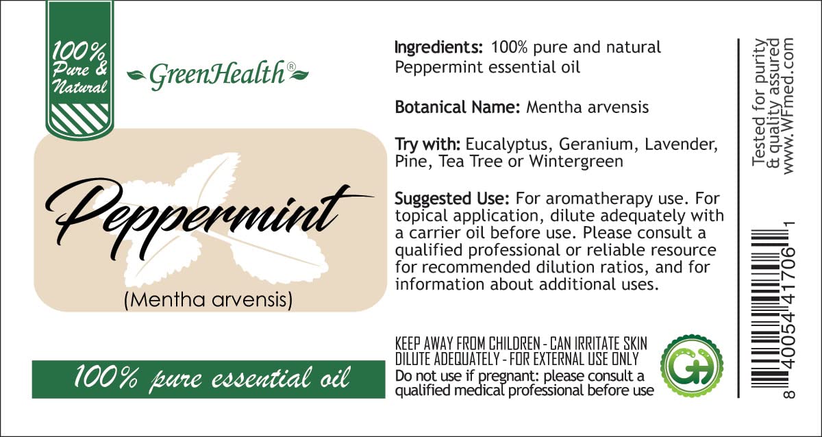 GreenHealth Peppermint Essential Oil drops for DIY blends and cleaners.