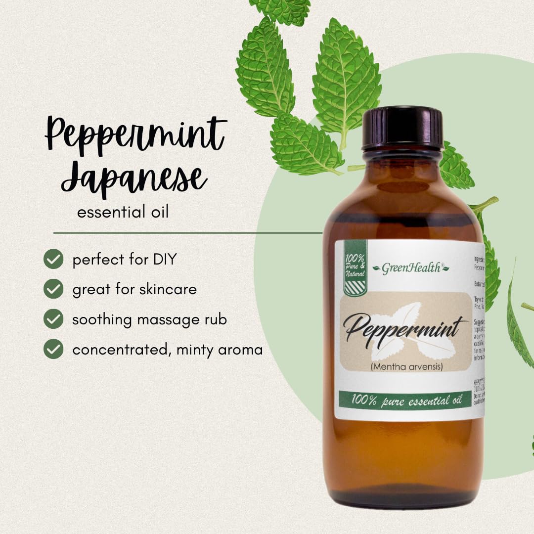 GreenHealth Peppermint Oil steam-distilled ensures purity and aroma.
