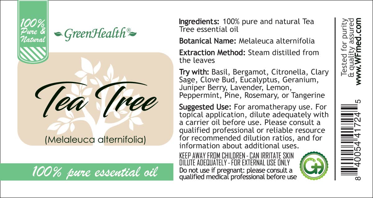 GreenHealth Tea Tree Oil steam-distilled Melaleuca for pure aroma in diffusers.