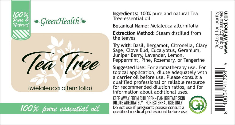 GreenHealth Tea Tree Oil steam-distilled Melaleuca for pure aroma in diffusers.