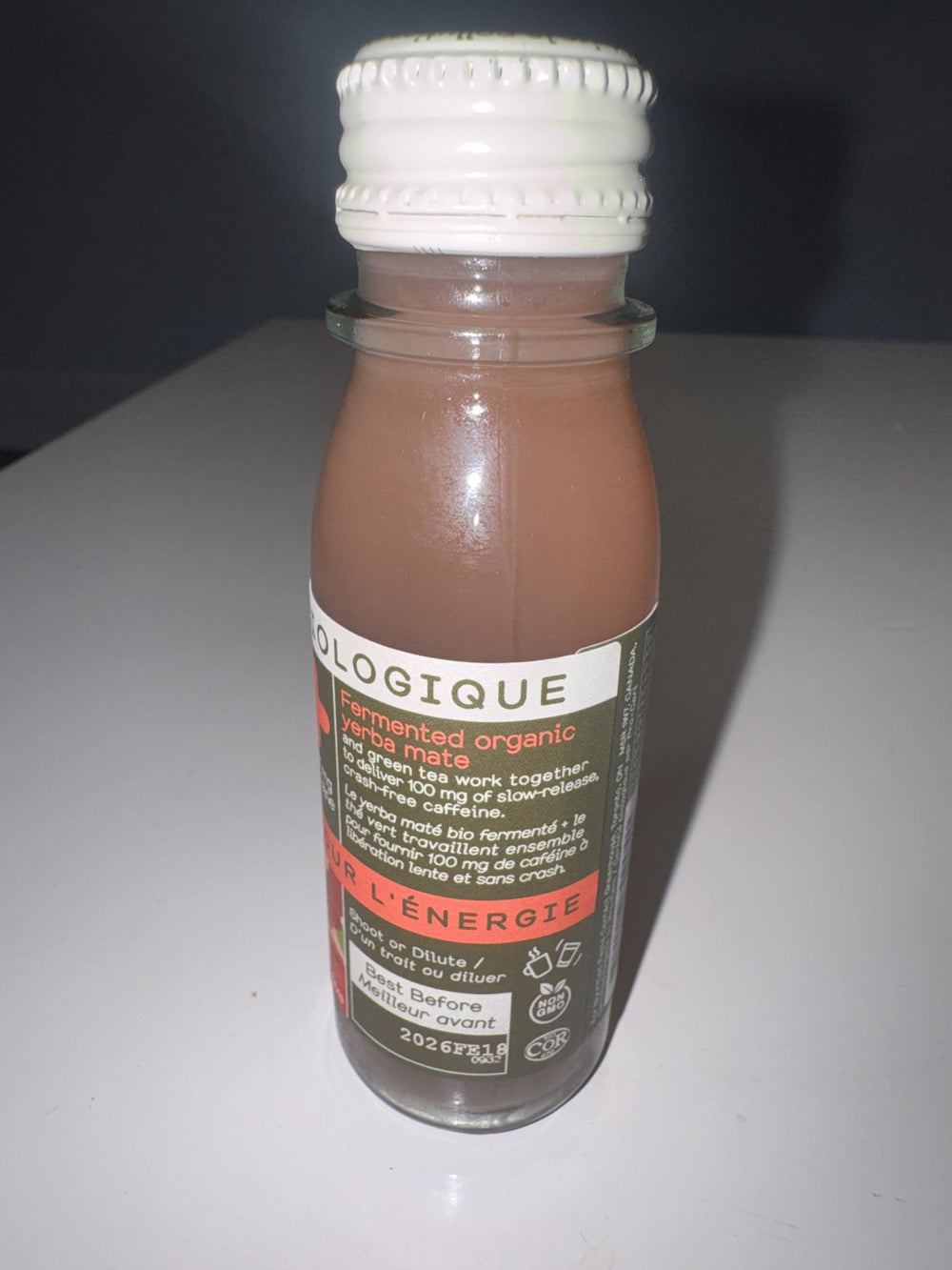 Greenhouse Juice Co energy shot label communicates vegan and gluten-free status.