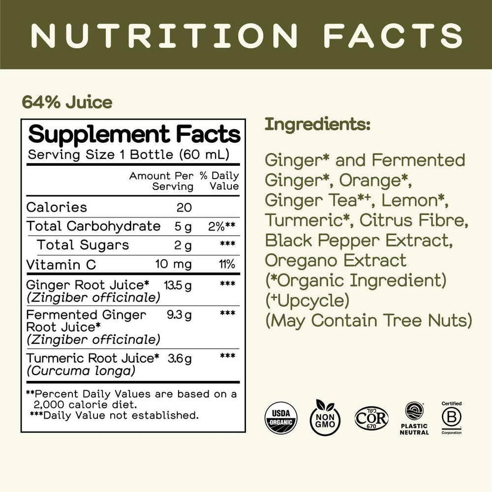 Greenhouse Juice Co Fiery Ginger Shot close-up highlighting citrus notes for refreshing flavor.