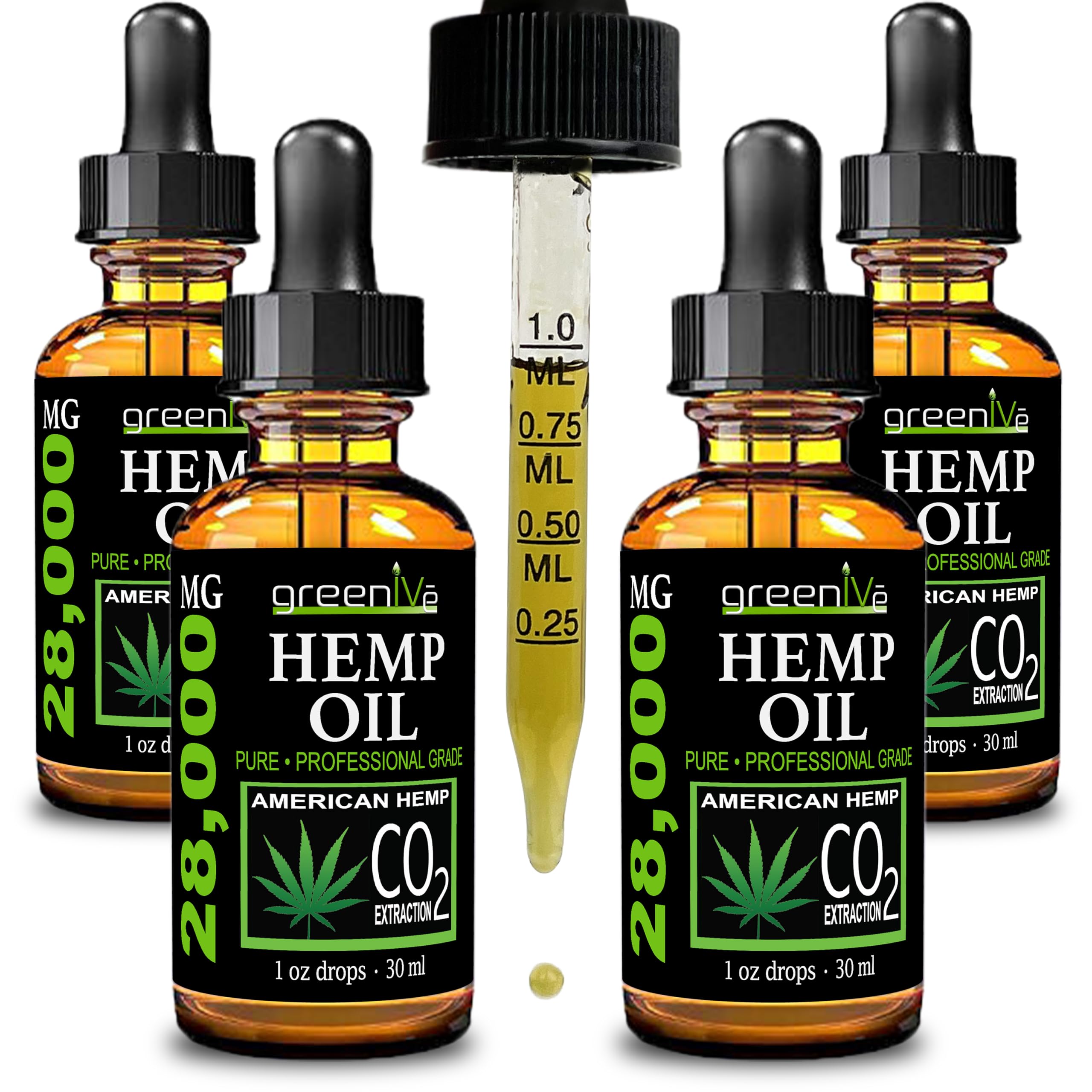 GreenIVe Hemp Oil Drops bottle shows ultra-high potency for daily use.